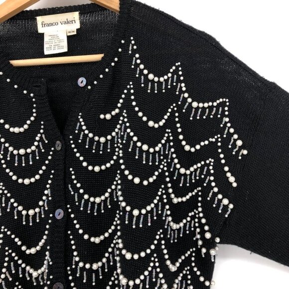 Vintage Franco Valero Black Pearl Embroidered Buttoned Wool blend Cardigan - Picture 4 of 15